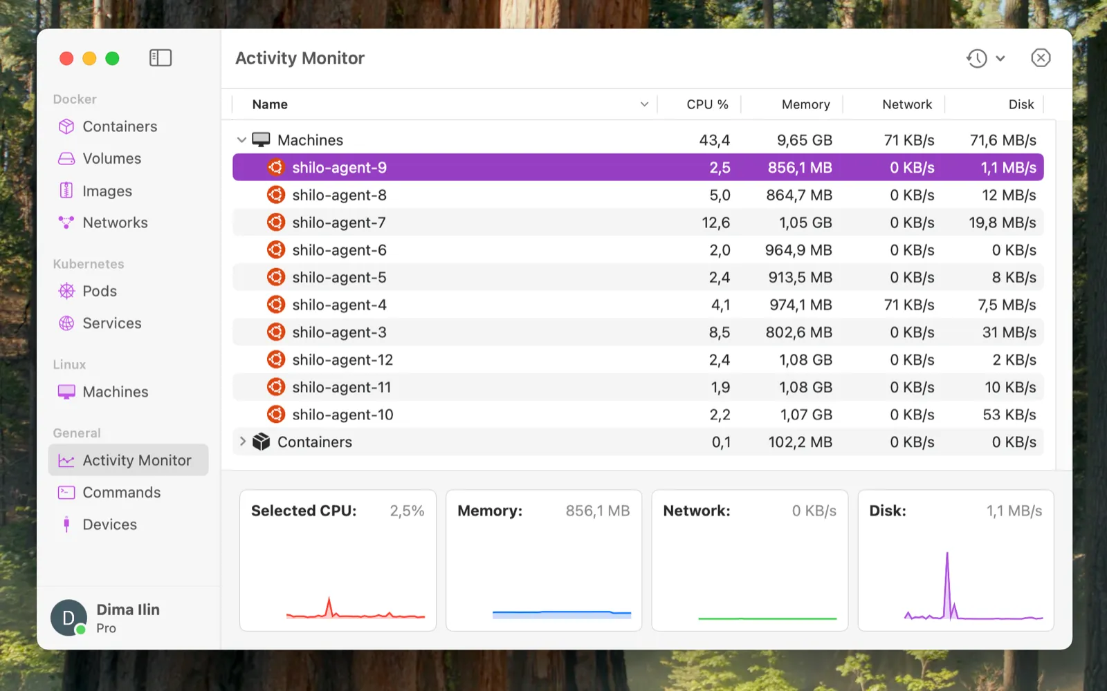 OrbStack's activity monitor showing ten agent VMs using 9.65GB of memory in total, roughly a gigabyte each